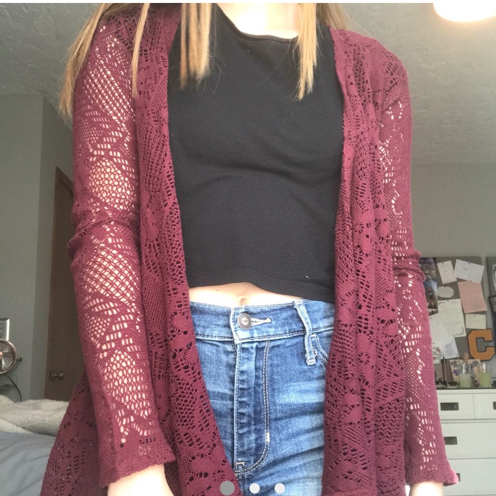 Lace Drape Waterfall Cardigan Hollister Maroon
